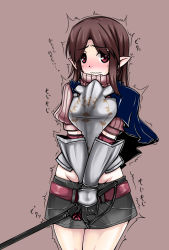 Rule 34 | 1girl, ^^^, armor, bad id, bad pixiv id, blush, breastplate, brown background, brown hair, fantasy earth zero, fencer (fantasy earth zero), gauntlets, groin, long hair, midriff, pako (moto paco), pointy ears, puffy sleeves, rapier, simple background, solo, standing, sword, trembling, weapon, weapon request