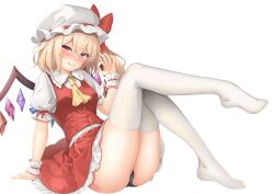Rule 34 | 1girl, :q, absurdres, arm support, ascot, ass, black panties, blonde hair, blush, breasts, fellatio gesture, flandre scarlet, full body, hand up, hat, highres, leaning back, leg up, legs, looking at viewer, mob cap, panties, puffy short sleeves, puffy sleeves, red eyes, red vest, short sleeves, simple background, skirt, small breasts, solo, sonia (fetusdream), thighhighs, tongue, tongue out, touhou, underwear, vest, white background, white hat, white thighhighs, wings, wrist cuffs