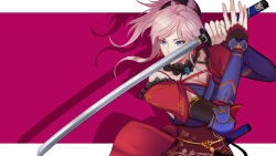 Rule 34 | blue eyes, dress, fate/grand order, katana, long hair, pink hair, ponytail, saber (miyamoto musashi), warrior