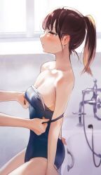 Rule 34 | 1girl, 1other, absurdres, arm support, backless swimsuit, bare shoulders, bathroom, bathtub, blue one-piece swimsuit, blush, breasts, brown hair, cleavage, clothes pull, collarbone, commentary request, ear blush, embarrassed, highres, looking away, nape, off shoulder, one-piece swimsuit, one-piece swimsuit pull, original, ponytail, profile, pulling another&#039;s clothes, revision, sideboob, sitting, small breasts, solo focus, strap pull, sweatdrop, swimsuit, tomozero, undressing, window