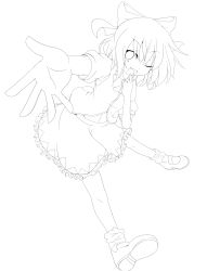 Rule 34 | 1girl, bow, cirno, do (4-rt), fang, finger to mouth, greyscale, hair bow, hair ribbon, highres, ice, ice wings, lineart, mary janes, midriff, monochrome, navel, one eye closed, open mouth, outstretched arm, outstretched hand, puffy sleeves, ribbon, shirt, shoes, short hair, short sleeves, skirt, skirt set, smile, solo, touhou, transparent background, vest, wings, wink