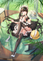 Rule 34 | 1girl, apron, artist name, atdan, azur lane, black dress, black hair, black panties, black thighhighs, blunt bangs, blush, breasts, closed mouth, detached collar, detached sleeves, dress, feet, food, full body, garter straps, high heels, highres, holding, holding tray, horns, indoors, leg up, long hair, looking at viewer, maid, maid headdress, manjuu (azur lane), medium breasts, menu, no shoes, noshiro (azur lane), noshiro (hold the ice) (azur lane), official alternate costume, one eye closed, oni horns, panties, plant, purple eyes, shoes, short sleeves, single shoe, sitting, solo, strapless, strapless dress, strappy heels, thighhighs, toes, tray, twintails, underwear, unworn shoes, very long hair, white apron, white footwear, wooden floor