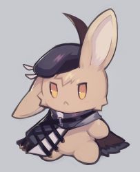 Rule 34 | 1girl, ahoge, animal, animal ears, animalization, arknights, beret, black hat, blush, brown hair, cloak, closed mouth, commentary request, grey background, hair between eyes, hat, no humans, no nose, orange eyes, plume (arknights), rabbit, rabbit ears, sasa onigiri, serious, simple background, solo