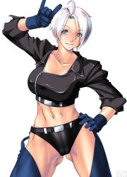 Rule 34 | 1girl, \m/, absurdres, angel (kof), belt, blue eyes, blush, breasts, female focus, gloves, hand on own hip, highres, jacket, large breasts, leather, leather jacket, legs, looking at viewer, midriff, navel, panties, qkat (arikawa-dou), short hair, simple background, smile, solo, standing, the king of fighters, thighs, underwear, very short hair, white background, white hair, zipper