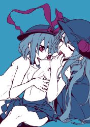 Rule 34 | 2girls, arched back, biting, blue background, blue hair, breasts, closed eyes, food, fruit, hand to own mouth, hands on another&#039;s chest, hat, hat ribbon, hinanawi tenshi, long hair, looking at another, multiple girls, nagae iku, nipple biting, nipple stimulation, nipples, nude, peach, red eyes, ribbon, rock, sideboob, simple background, sitting, skirt, small breasts, thupoppo, topless, touhou, yuri