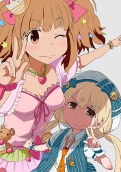 Rule 34 | 10s, 2girls, :3, age difference, anger vein, beret, blonde hair, bow, bracelet, brown eyes, brown hair, child, chiyomi, collarbone, cropped jacket, dress, food, foreshortening, fruit, futaba anzu, grey background, grey eyes, hair bow, hair ornament, hat, hat bow, height difference, idolmaster, idolmaster cinderella girls, jewelry, medal, moroboshi kirari, multiple girls, necklace, necktie, one eye closed, onee-loli, pink dress, puffy sleeves, short twintails, simple background, star (symbol), star hair ornament, strawberry, striped, twintails, v, vertical stripes, vest, wink, wrist cuffs, yuri