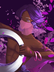 Rule 34 | 1boy, absurdres, arabian clothes, artist request, bracelet, colored eyelashes, cookie run, dark-skinned male, dark skin, flower, hair flower, hair ornament, highres, humanization, jewelry, lilac cookie, looking at viewer, personification, petals, purple background, purple eyes, purple hair, short hair, solo, topless, topless male
