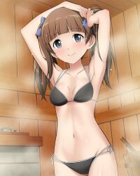Rule 34 | 1girl, armpits, bikini, black bikini, blue eyes, blush, bow, brave witches, breasts, brown hair, closed mouth, collarbone, georgette lemare, hair bow, indoors, long hair, navel, non-web source, official art, sauna, small breasts, smile, solo, sweat, swimsuit, twintails, world witches series
