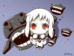 Rule 34 | 10s, 1girl, abyssal ship, chibi, from above, gerotan, horns, kantai collection, long hair, looking at viewer, mittens, monster, northern ocean princess, open mouth, pale skin, red eyes, solo, turret, white hair, white mittens
