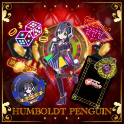 Rule 34 | 1girl, black hair, blazer, bow, bowtie, casino, closed mouth, elbow gloves, gloves, hat, high heels, humboldt penguin (kemono friends), jacket, kemono friends, kemono friends v project, kneehighs, lifelikealive, looking at viewer, microphone, official art, penguin girl, ribbon, shirt, short hair, skirt, socks, solo, virtual youtuber, yellow eyes