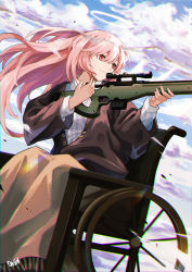 Rule 34 | 1girl, ai arctic warfare, arknights, black jacket, blanket, bolt action, closed mouth, day, detached wings, energy wings, floating hair, gun, halo, holding, holding gun, holding weapon, jacket, lemuen (arknights), long hair, long sleeves, looking away, looking to the side, open clothes, open jacket, outdoors, peppsi (saba sabasuk0), pink hair, red eyes, rifle, shirt, signature, sitting, smile, sniper rifle, solo, striped clothes, striped shirt, vertical-striped clothes, vertical-striped shirt, very long hair, weapon, wheelchair, wind, wings