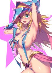 Rule 34 | 1girl, areola slip, arm behind head, arm up, armpits, bare shoulders, belt, blonde hair, blue gloves, blush, breasts, capelet, choker, collarbone, dark magician girl, elbow gloves, fuya (tempupupu), gloves, green eyes, hair between eyes, hat, hip focus, large breasts, long hair, looking at viewer, navel, open mouth, pentacle, sideboob, slingshot swimsuit, smile, solo, sparkle, star (symbol), sweat, swimsuit, thighs, white background, wizard hat, yu-gi-oh!