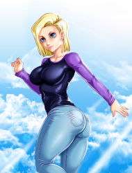 Rule 34 | 1girl, android 18, artist name, ass, back, blonde hair, breasts, dragon ball, dragonball z, female focus, large breasts, looking at viewer, r3ydart, short hair, solo, white background