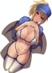 Rule 34 | 1girl, :d, ahoge, artoria pendragon (fate), ass, baseball cap, bikini, blonde hair, blue eyes, blue jacket, blush, breasts, cleavage, collarbone, cropped jacket, fate/grand order, fate (series), full-face blush, gluteal fold, groin, hair between eyes, hair through headwear, hat, highres, interlocked fingers, jacket, kneeling, large breasts, looking at viewer, medium hair, mysterious heroine x (fate), mysterious heroine xx (fate), navel, non-web source, nose blush, open mouth, own hands clasped, own hands together, ponytail, satou daiji, short ponytail, shrug (clothing), side-tie bikini bottom, sidelocks, simple background, skindentation, smile, solo, stomach, swimsuit, thigh strap, thighhighs, underboob, white background, white bikini