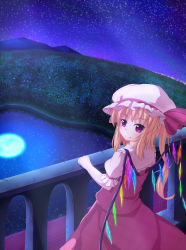 Rule 34 | 1girl, balcony, blonde hair, fang, fang out, flandre scarlet, forest, full moon, hat, hat ribbon, highres, konuko (nukonuko210), lake, looking at viewer, looking back, mob cap, moon, mountain, nature, night, puffy short sleeves, puffy sleeves, red eyes, reflection, ribbon, short hair, short sleeves, side ponytail, skirt, skirt set, sky, slit pupils, smile, solo, star (sky), starry sky, touhou, wings
