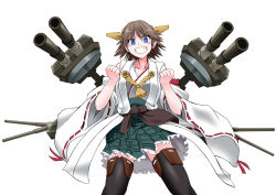 Rule 34 | 1girl, :d, angeldust, bare shoulders, blush, boots, brown hair, clenched hands, detached sleeves, hiei (kancolle), kantai collection, nontraditional miko, open mouth, plaid, plaid skirt, rigging, short hair, skirt, smile, solo, thigh boots, thighhighs, turret, white background, wide sleeves