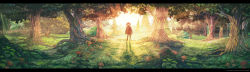 Rule 34 | 1girl, absurdres, arsenixc, branch, brown hair, coat, food, forest, fruit, grass, highres, landscape, letterboxed, long image, looking at viewer, mushroom, nature, original, scarf, scenery, shadow, short hair, solo, standing, sunlight, tree, tree stump, twintails, wide image