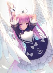 Rule 34 | 1girl, ahoge, anchor symbol, angel wings, arm behind head, arm up, blue dress, blush, breasts, cloud, colored inner hair, commentary, cowboy shot, dress, dutch angle, dvdarts, embarrassed, frilled dress, frills, grey sky, hair flowing over, highres, holding, holding hair, hololive, long hair, looking at viewer, maid headdress, medium breasts, minato aqua, minato aqua (1st costume), multicolored hair, open mouth, pink eyes, pink hair, sky, solo, streaked hair, two-tone hair, very long hair, virtual youtuber, white footwear, white wings, wings