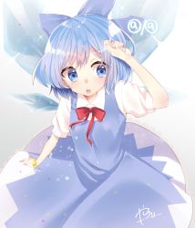 Rule 34 | 1girl, :o, abe suke, absurdres, arm up, blue bow, blue dress, blue eyes, blue hair, blue nails, bow, bracelet, circled 9, cirno, collared shirt, commentary request, dress, fingernails, hair between eyes, hair bow, highres, ice, ice wings, jewelry, nail polish, open mouth, pleated dress, puffy short sleeves, puffy sleeves, red bow, red ribbon, ribbon, round teeth, shirt, short sleeves, signature, sleeveless, sleeveless dress, solo, sparkle, star (symbol), teeth, touhou, upper teeth only, white shirt, wings