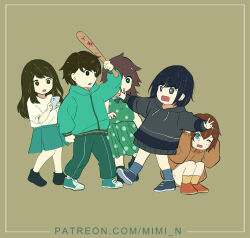 Rule 34 | 1boy, 4girls, aqua jacket, aqua skirt, baseball bat, black eyes, black hair, black hoodie, blue eyes, bob cut, brown background, brown hair, cellphone, commentary, covering head, dirty, dirty face, dress, english commentary, frown, green dress, green pants, holding, holding baseball bat, holding phone, hood, hood down, hooded jacket, hoodie, jacket, long hair, long sleeves, medium dress, medium hair, medium skirt, mimi n, multiple girls, one eye closed, open mouth, original, outline, outstretched arms, pants, patreon username, phone, polka dot, polka dot dress, protecting, shirt, short hair, simple background, skirt, sleeveless, sleeveless dress, smartphone, spread arms, squatting, standing, tearing up, watermark, web address, white outline, white shirt, yellow jacket