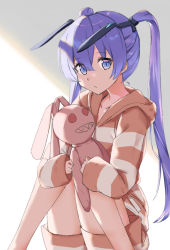 Rule 34 | 1girl, brown hoodie, brown shorts, collarbone, commentary, expressionless, hair behind ear, holding, holding stuffed toy, hood, hoodie, long hair, looking at viewer, muv-luv, purple hair, shorts, sitting, solo, striped clothes, striped hoodie, stuffed animal, stuffed rabbit, stuffed toy, twintails, umi (user trea4822), yashiro kasumi
