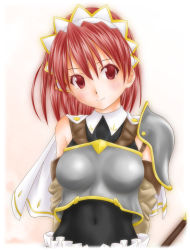 Rule 34 | 00s, 1girl, armor, arms behind back, blush, breasts, cecily cambell, female focus, gradient background, red eyes, red hair, seiken no blacksmith, shinozuki takumi, solo