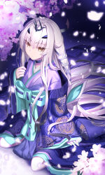 Rule 34 | 1girl, black choker, blue kimono, brown eyes, cherry blossoms, choker, closed mouth, fairy knight lancelot (dream portrait) (fate), fate/grand order, fate (series), forked eyebrows, hair ornament, highres, japanese clothes, kimono, layered clothes, layered kimono, long hair, looking at viewer, melusine (dream portrait) (fate), melusine (fate), multicolored clothes, multicolored kimono, neko daruma, obi, official alternate costume, petals, purple kimono, sash, sitting, sleeves past wrists, solo, very long hair, wariza, white hair, wide sleeves