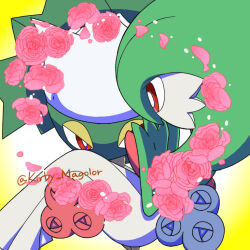 Rule 34 | 2girls, artist name, blue flower, blue rose, bob cut, bright pupils, carrying, colored skin, creatures (company), eye contact, female focus, flower, game freak, gardevoir, gen 3 pokemon, gen 4 pokemon, green hair, green skin, hand to own mouth, hands up, hoshinonmi, looking at another, monster girl, multicolored skin, multiple girls, nintendo, petals, pink flower, pink rose, plant girl, pokemon, pokemon (creature), princess carry, red eyes, red flower, red rose, rose, roserade, short hair, signature, standing, twitter username, two-tone skin, white hair, white pupils, white skin, yellow background
