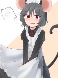 Rule 34 | 1girl, alternate costume, animal ears, apron, black dress, blush, commentary request, cowboy shot, dakuazu, dress, enmaided, flat chest, grey hair, highres, looking at viewer, maid, maid apron, maid headdress, mouse ears, mouse girl, mouse tail, nazrin, neck ribbon, open mouth, red eyes, red ribbon, ribbon, short hair, solo, spoken blush, tail, touhou, white apron