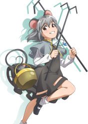 Rule 34 | 1girl, animal ears, basket, black footwear, breasts, brown eyes, capelet, commentary request, crystal, dowsing rod, dress, foot out of frame, grey capelet, grey dress, grey hair, grin, gyouza (mhea5724), highres, holding, holding with tail, jewelry, long sleeves, mary janes, mouse (animal), mouse ears, mouse girl, mouse tail, nazrin, necklace, pendant, prehensile tail, puffy sleeves, shirt, shoes, short hair, simple background, small breasts, smile, socks, solo, standing, standing on one leg, tail, touhou, white background, white shirt, white socks