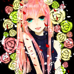 Rule 34 | black background, blue eyes, blue shirt, border, breasts, flower, leia (vocaloid), long hair, looking at viewer, megurine luka, misora goto, open mouth, petals, pink hair, rose, shirt, sleeveless, sleeveless shirt, small breasts, smile, song name, upper body, vocaloid