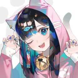 Rule 34 | 1girl, animal ears, bell, black hair, blue eyes, blue nails, cat ears, cat girl, cat tail, close-up, commentary, earrings, fish hair ornament, hair ornament, hands up, highres, hood, hood up, hoodie, jewelry, jingle bell, long hair, long sleeves, looking at viewer, mizumi zumi, multicolored nails, nail art, nail polish, neck bell, one eye closed, open mouth, original, parted bangs, paw pose, pink hoodie, pink nails, portrait, smile, solo, tail, teeth, translation request, upper teeth only, white background