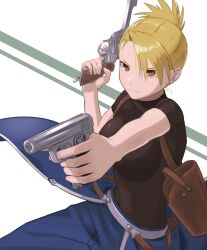 Rule 34 | 1girl, bad arm, bad perspective, blonde hair, breasts, brown eyes, commentary request, covered navel, dual wielding, eyes visible through hair, foreshortening, fullmetal alchemist, hair over one eye, highres, holding, large breasts, looking ahead, outstretched arm, perspective, riza hawkeye, serious, shimizu tomoki, short hair, simple background, solo, weapon, white background