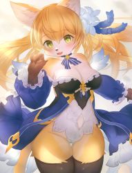 Rule 34 | 1girl, ameyame, animal ear fluff, black thighhighs, blonde hair, blush, breasts, clothing cutout, dress, fangs, female focus, flower, frilled dress, frilled sleeves, frills, furry, furry female, green eyes, hair flower, hair ornament, highres, large breasts, legs together, lily (flower), navel, navel cutout, open mouth, original, solo, striped neckwear, tail, thigh gap, thighhighs, thighs, yellow fur