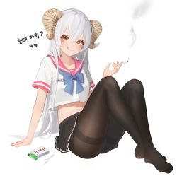 Rule 34 | 1girl, :q, absurdres, arm support, black pantyhose, black skirt, blue bow, blush, bow, breasts, cigarette, commentary, crop top, crop top overhang, crossed ankles, full body, hair between eyes, hand up, highres, holding, holding cigarette, horns, korean text, long hair, looking at viewer, midriff, miniskirt, navel, no shoes, original, pantyhose, park sinb (choacee), pink sailor collar, pleated skirt, sailor collar, school uniform, serafuku, shirt, short sleeves, sitting, skirt, smile, smoke, solo, tongue, tongue out, translation request, very long hair, white hair, white shirt, yellow eyes