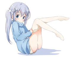 Rule 34 | 1girl, aran sweater, blue eyes, blue hair, blue sweater, blush, cable knit, closed mouth, clothes pull, dressing, full body, gochuumon wa usagi desu ka?, hair between eyes, hair ornament, itamochi, kafuu chino, knees together feet apart, legs up, long hair, looking at viewer, looking to the side, no shoes, panties, pantyhose, pantyhose pull, plantar flexion, pleated skirt, rabbit hair ornament, side ponytail, skirt, solo, sweater, underwear, white background, white panties, white pantyhose, white skirt, x hair ornament
