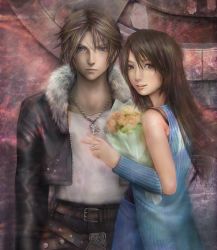 Rule 34 | 1990s (style), 1boy, 1girl, arm warmers, bad id, bad pixiv id, belt, blue eyes, brown eyes, brown hair, couple, final fantasy, final fantasy viii, hetero, jacket, jewelry, miche, necklace, retro artstyle, ring, rinoa heartilly, scar, smile, squall leonhart, square enix, v