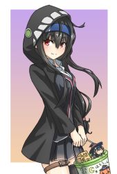 Rule 34 | 1girl, artist request, black hair, black jacket, black thighhighs, blazer, blue headband, bucket, closed mouth, commentary request, fairy (kancolle), halloween, hat, hatsushimo (kancolle), headband, highres, holding, holding bucket, hood, hooded jacket, jack-o&#039;-lantern, jacket, kantai collection, long hair, looking to the side, low-tied long hair, mini person, minigirl, pleated skirt, red eyes, remodel (kantai collection), school uniform, shirt, simple background, single thighhigh, skirt, smile, solo, solo focus, tape, thigh strap, thighhighs, white shirt, witch hat