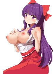 Rule 34 | 1girl, bow, breasts, breasts out, closed mouth, fujiko (emnprmn), hair bow, hakurei reimu, hakurei reimu (pc-98), highres, japanese clothes, large breasts, long hair, looking at viewer, miko, nipples, purple eyes, purple hair, simple background, smile, solo, touhou, touhou (pc-98), white background