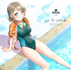 Rule 34 | 1girl, blue eyes, breasts, character name, commentary request, competition swimsuit, goggles, goggles around neck, green one-piece swimsuit, grey hair, highres, jacket, logo, love live!, love live! sunshine!!, medium breasts, one-piece swimsuit, orange jacket, poolside, short hair, solo, swimsuit, toine, track suit, watanabe you, water