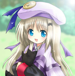 Rule 34 | aqua eyes, beret, blush, buttons, cape, dog, hair ornament, hairclip, happy, hat, hug, large buttons, little busters!, lowres, noumi kudryavka, silver hair, smile, solo