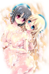 Rule 34 | 10s, 2girls, :o, atago (kancolle), bathing, black hair, blonde hair, blush, breasts, green eyes, hat, highres, kantai collection, large breasts, long hair, looking at viewer, multiple girls, nude, open mouth, personification, red eyes, short hair, skf, smile, soap, soap bubbles, takao (kancolle)