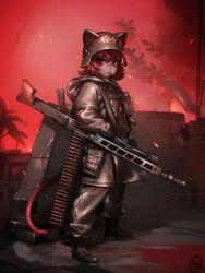 Rule 34 | 1girl, absurdres, ammunition, ammunition belt, animal ears, barrel shroud, bipod, black footwear, boots, brown coat, brown headwear, brown pants, building, bullet, cat ears, cat girl, cat tail, closed mouth, coat, combat boots, combat helmet, commentary, cross-laced footwear, ears through headwear, english commentary, facial tattoo, filemonte, full body, general-purpose machine gun, gun, hair between eyes, helmet, highres, hood, hood down, hooded coat, lace-up boots, long sleeves, machine gun, mg3, original, outdoors, pants, pouch, red background, red eyes, red hair, red sky, rifle cartridge, short hair, sky, solo, sparks, standing, tail, tattoo, tree, wall, weapon