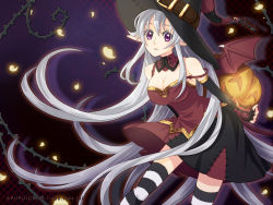 Rule 34 | 1girl, apupu, bat wings, breasts, cleavage, elbow gloves, female focus, fingerless gloves, gloves, gradient background, halloween, hat, jack-o&#039;-lantern, long hair, original, pointy ears, pumpkin, purple eyes, silver hair, solo, striped clothes, striped thighhighs, thighhighs, very long hair, wings, witch hat, zettai ryouiki