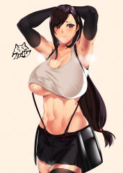Rule 34 | 1girl, abs, armpits, arms behind head, arms up, bare shoulders, belt, black gloves, black hair, black skirt, black thighhighs, blush, breasts, cleavage, closed mouth, collarbone, elbow gloves, final fantasy, final fantasy vii, gloves, highres, kurozawa yui, large breasts, long hair, looking at viewer, low-tied long hair, midriff, navel, red eyes, shirt, simple background, skirt, solo, suspender skirt, suspenders, swept bangs, tank top, taut clothes, taut shirt, thighhighs, thighs, tifa lockhart, white tank top