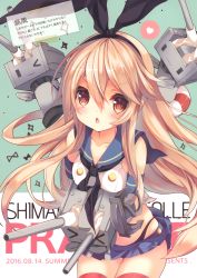 Rule 34 | 1girl, absurdres, anchor hair ornament, blonde hair, blush, bow, brown eyes, carrying, chestnut mouth, collarbone, elbow gloves, gloves, hair bow, hair ornament, hairband, highleg, highleg panties, highres, kantai collection, light brown hair, long hair, looking at viewer, machinery, microskirt, open mouth, p19, panties, pleated skirt, red legwear, rensouhou-chan, sailor collar, scan, school uniform, serafuku, shimakaze (kancolle), simple background, skirt, sleeveless, thong, turret, underwear