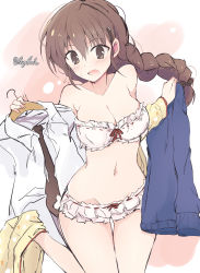 Rule 34 | 1girl, black necktie, blouse, blue sweater, blush, bow, bow bra, bow panties, bra, braid, braided ponytail, breasts, brown eyes, brown hair, cleavage, clothes hanger, commentary, dress shirt, dressing, fang, frilled bra, frilled panties, frills, getsumen suibaku ver. a(c), girls und panzer, groin, hair ornament, hairclip, highres, holding, holding clothes, leg up, long hair, long sleeves, looking at viewer, medium breasts, navel, necktie, open mouth, pajamas, panties, pants, pants around one leg, pink bra, pink panties, ribbon-trimmed bra, ribbon-trimmed panties, rukuriri (girls und panzer), shirt, single braid, sketch, skin fang, solo, standing, standing on one leg, strapless, strapless bra, sweatdrop, sweater, thigh gap, twitter username, underwear, underwear only, white shirt, yellow pants, yellow shirt