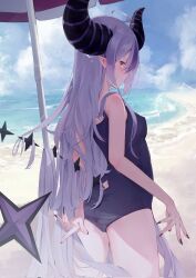 Rule 34 | 1girl, bare shoulders, black horns, braid, braided bangs, breasts, corrupted twitter file, demon horns, highres, hololive, horns, la+ darknesss, long hair, looking at viewer, motoi (croa76), multicolored hair, nail polish, ocean, one-piece swimsuit, pointy ears, purple hair, small breasts, streaked hair, striped horns, swimsuit, very long hair, virtual youtuber