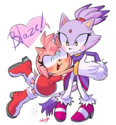 Rule 34 | 2girls, amy rose, blaze the cat, blush, cat girl, dress, eyelashes, forehead jewel, fur-trimmed footwear, fur-trimmed gloves, fur trim, furry, furry female, gloves, gold necklace, green eyes, heart, heartludwig, highres, hug, jacket, jewelry, multiple girls, necklace, pants, pink footwear, pink fur, ponytail, purple fur, purple jacket, red dress, red footwear, sonic (series), white pants, yellow eyes