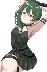 Rule 34 | 1girl, absurdres, armpits, arms behind head, arms up, bare shoulders, belt, black dress, black gloves, blush, breasts, closed mouth, collarbone, crossed legs, dress, gloves, green hair, highres, long hair, looking at viewer, medium breasts, nigori (keydoor), purple eyes, side ponytail, single glove, smile, solo, sousou no frieren, sweatdrop, thigh strap, thighs, ubel (sousou no frieren)